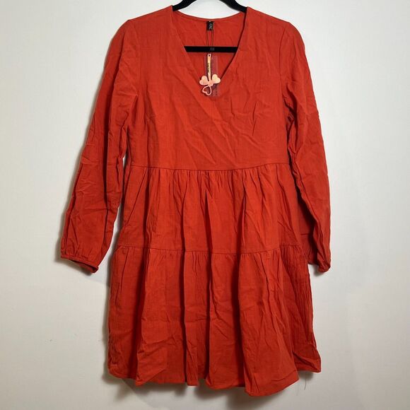 Cianni Dresses & Skirts - Cianni Burnt Orange‎ Long Sleeve Tiered Babydoll Dress V-Neck Mini w/Pockets NWT